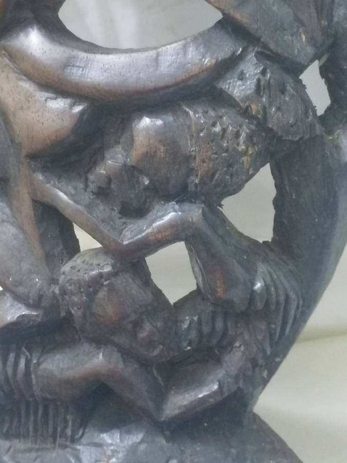 EXQUISITE - LARGE ANTIQUE HARD ,HEAVY WOOD MASKED & SMALL FIGURE ART CARVING - PLEASE READ BELOW.