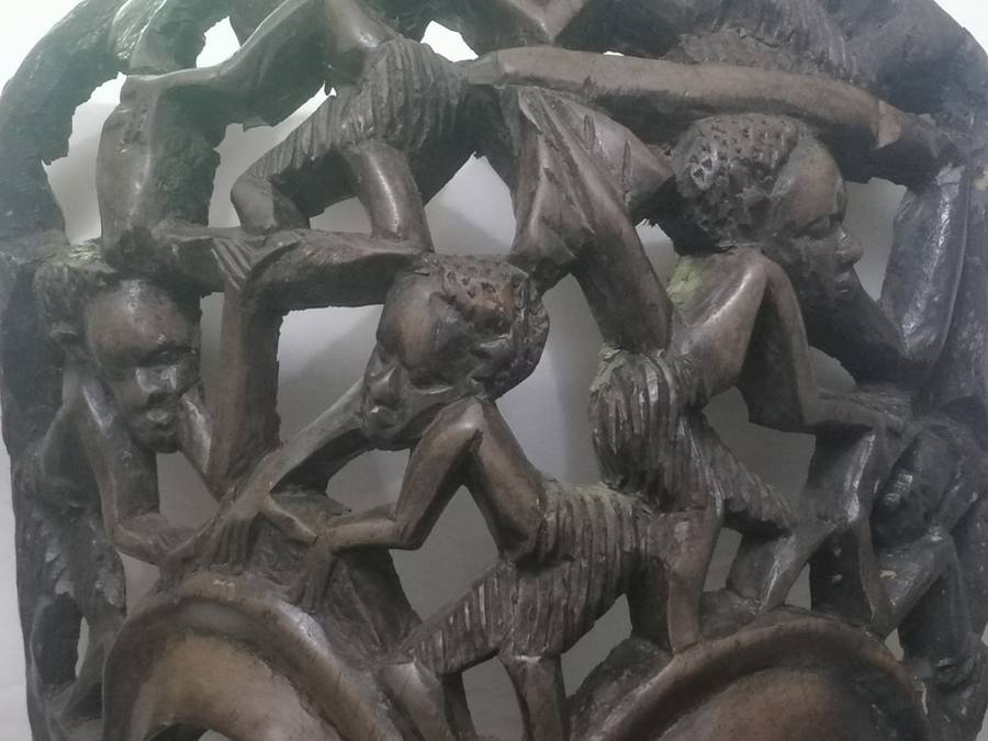 EXQUISITE - LARGE ANTIQUE HARD ,HEAVY WOOD MASKED & SMALL FIGURE ART CARVING - PLEASE READ BELOW.