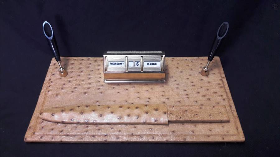 Vintage Leather Ostrich Skin Desk Organizer - Perpetual Calendar