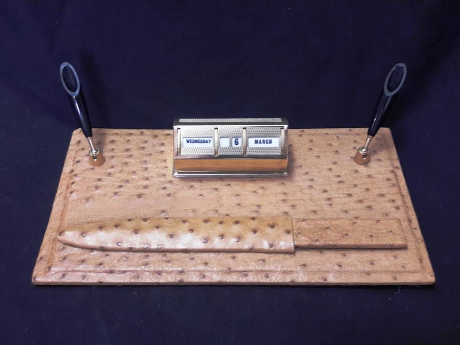 Vintage Leather Ostrich Skin Desk Organizer - Perpetual Calendar