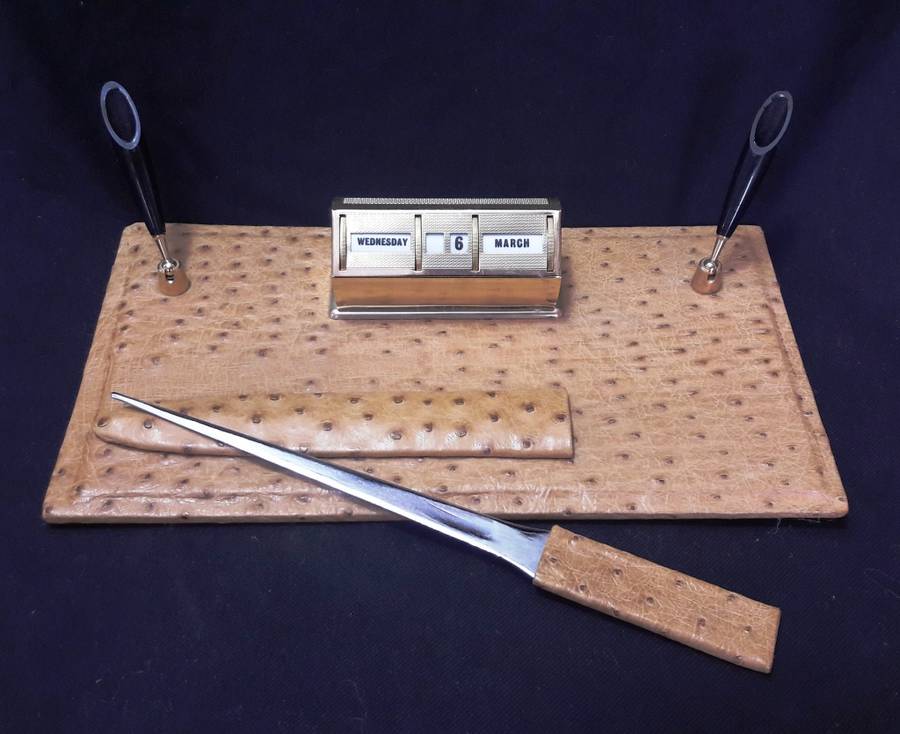 Vintage Leather Ostrich Skin Desk Organizer - Perpetual Calendar