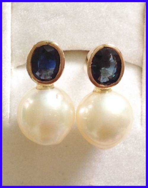 GENUINE SAPPHIRE AND SEAWATER PEARL EARRINGS SET IN SOLID NINE CARAT GOLD!