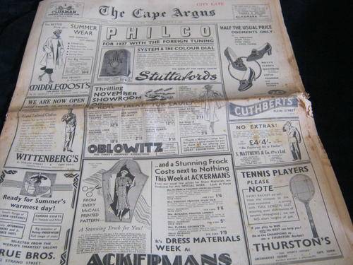 Cape Argus Newspaper November 3 1936