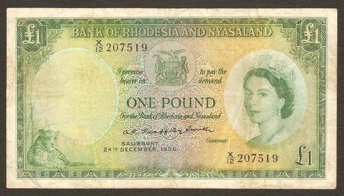 Rhodesia & Nyasaland 1 Pound 1956 P.21a F condition