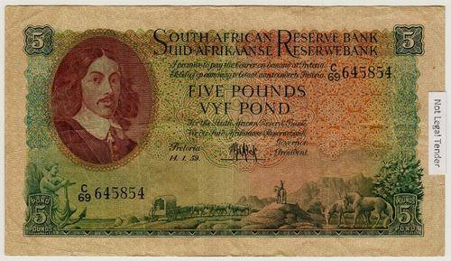 SA 5 Pounds (M de Kock 3rd issue)1959, E/A in F+/VF condition