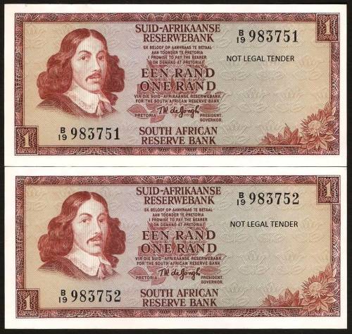 SA 1 Rand (TW de Jongh 2nd Issue)1973, A/E in EF/EF+ condition - two notes in numerical order