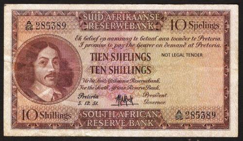 SA 10 Shillings (MH de Kock 3rd issue)1951, A/E in F+ condition