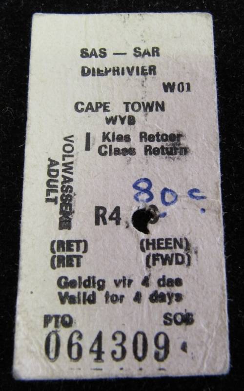 1991 South African Railways train ticket - Diep River to Cape Town