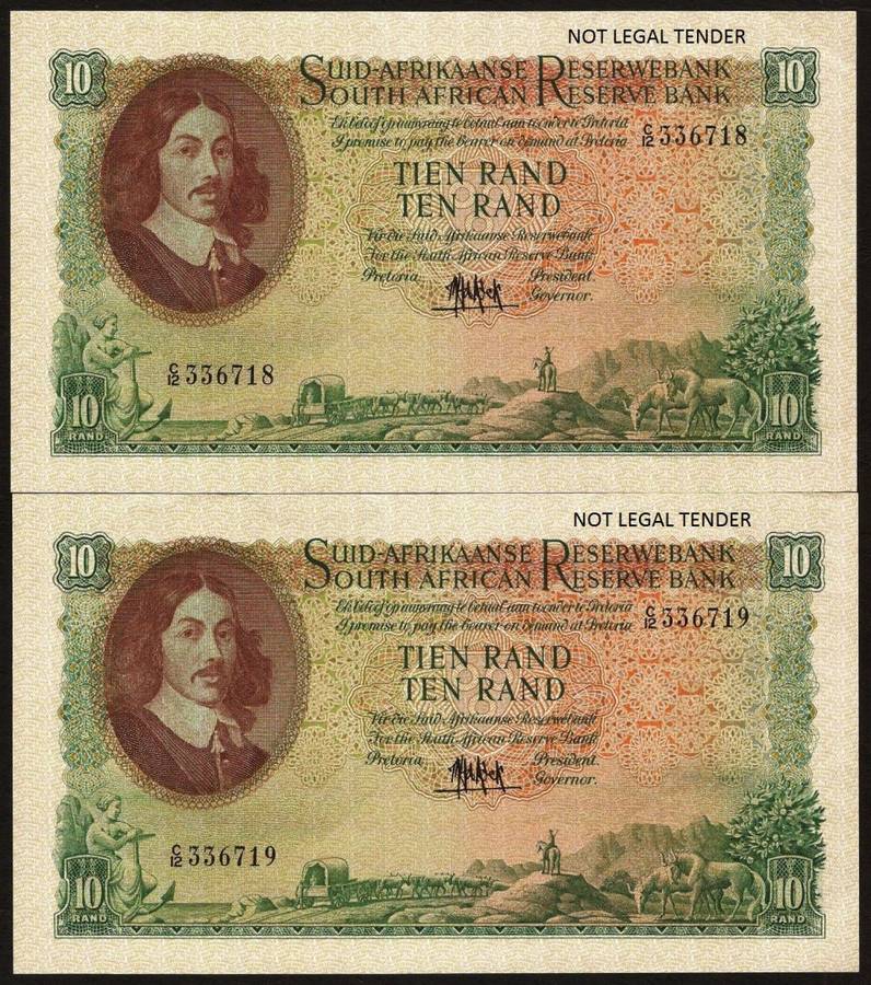 SA 10 Rand 1961 in EF+ condition, 2 notes in numerical order - *CRAZY R1 START*