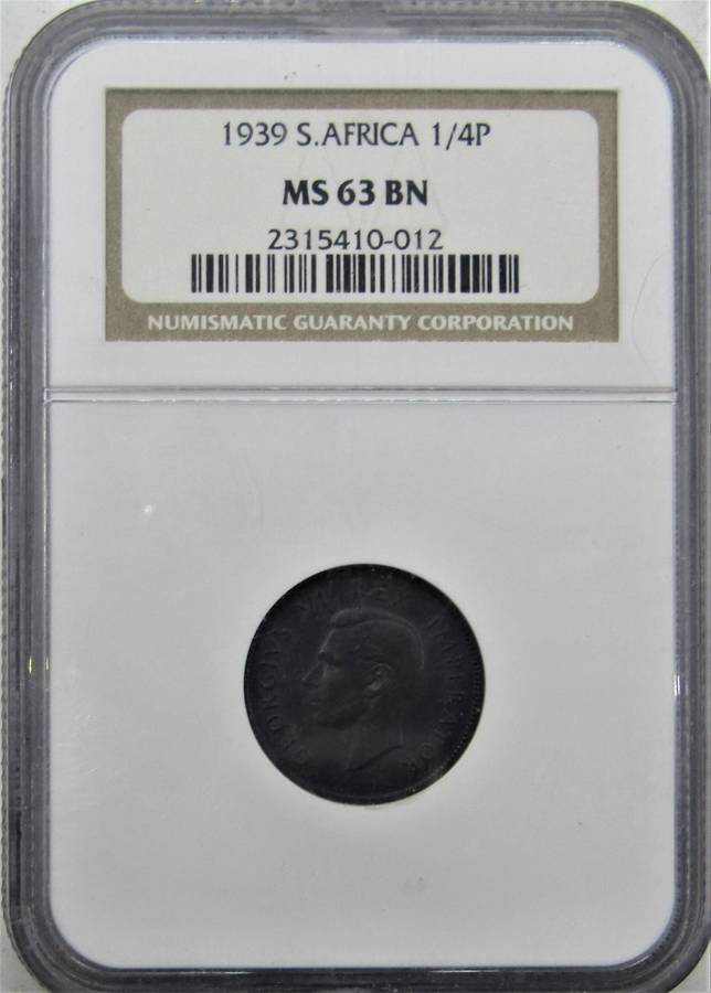 1939 Union of South Africa 1/4 Penny  NGC Graded MS63 BN