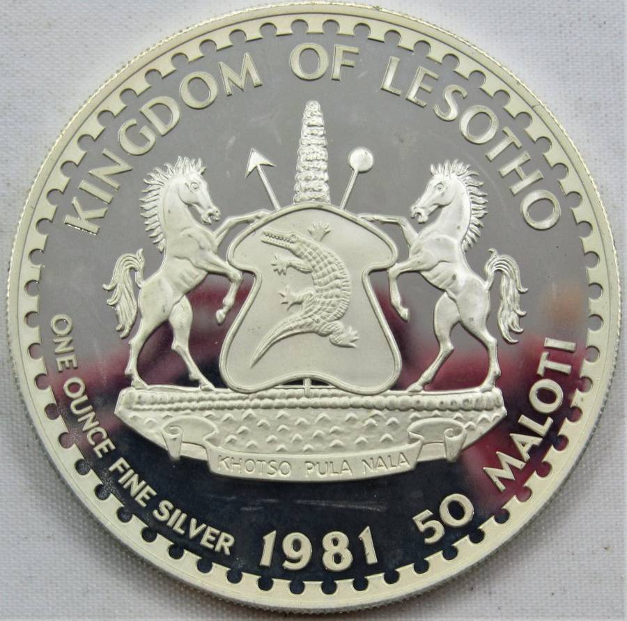1981 Lesotho 50 Maloti Proof Silver 1 Ounce Coin