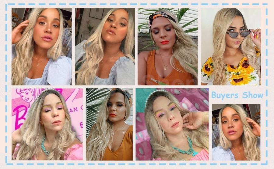 Long Blonde Wigs for Women Synthetic Curly Hair with Dark Roots Middle Parting