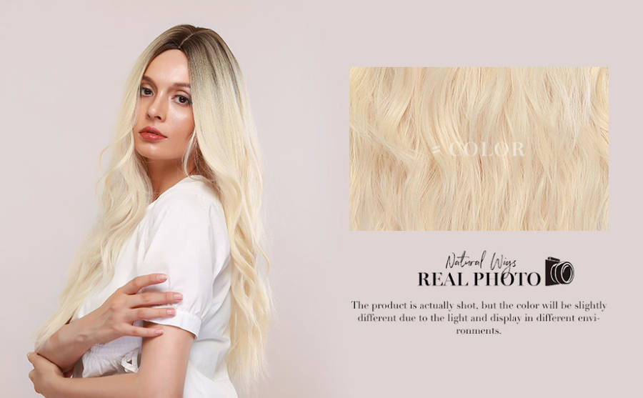 Long Blonde Wigs for Women Synthetic Curly Hair with Dark Roots Middle Parting