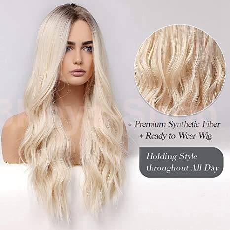 Blonde Long Curly Hair Wig Long Blonde Wigs for Women Synthetic Curly Hair with Dark Roots Middle Pa