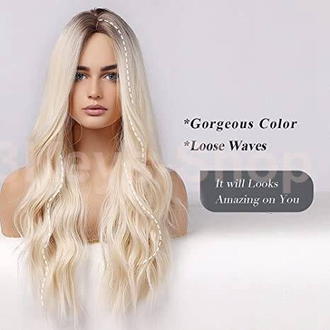 Blonde Long Curly Hair Wig Long Blonde Wigs for Women Synthetic Curly Hair with Dark Roots Middle Pa