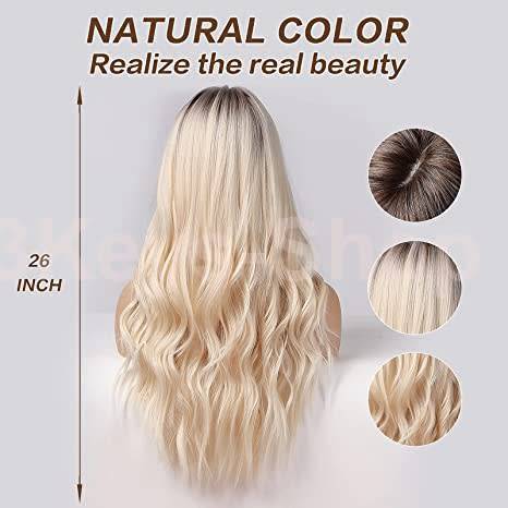 Blonde Long Curly Hair Wig Long Blonde Wigs for Women Synthetic Curly Hair with Dark Roots Middle Pa