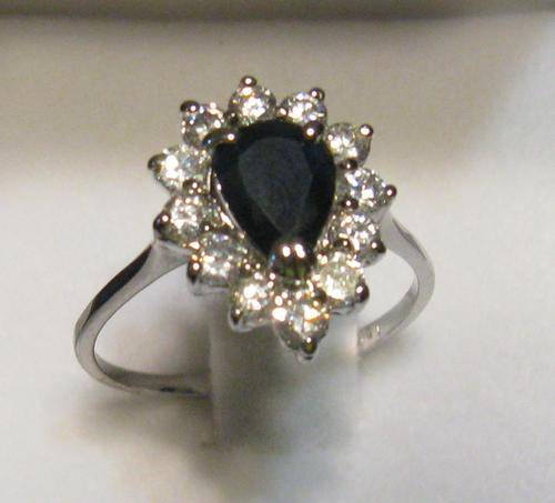 Breathtaking genuine blue teardrop sapphire & brilliant CZ ring in solid 10ct white gold