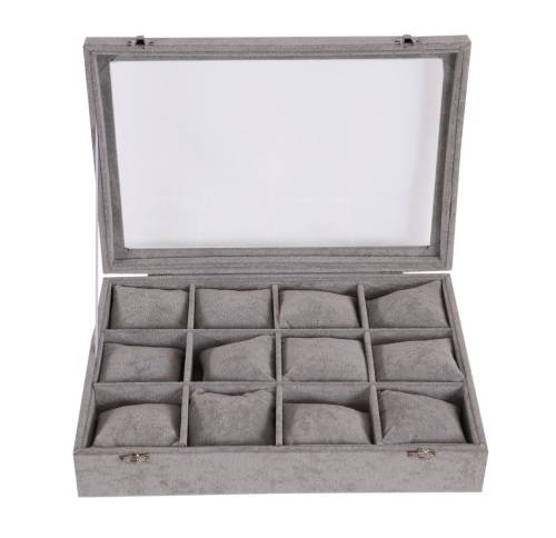 Hazlo 12 Grid Watch Jewellery Display Case Box - Grey Ice Velvet