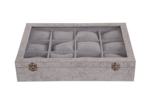 Hazlo 12 Grid Watch Jewellery Display Case Box - Grey Ice Velvet