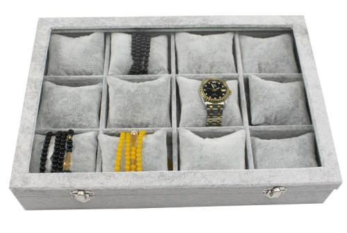 Hazlo 12 Grid Watch Jewellery Display Case Box - Grey Ice Velvet