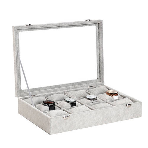 Hazlo 12 Grid Watch Jewellery Display Case Box - Grey Ice Velvet