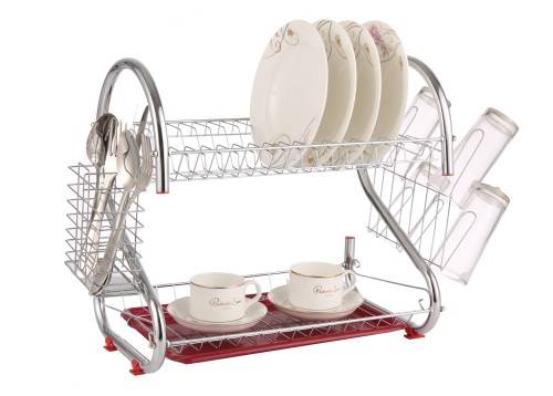 Comfeto Wares Two Tier Kitchen Dish Rack Holder (Chrome plated) Silver & Red