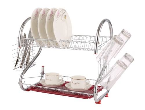 Comfeto Wares Two Tier Kitchen Dish Rack Holder (Chrome plated) Silver & Red
