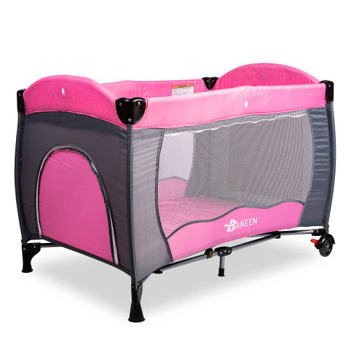 Baneen Baby Cot Crib wit Diaper Changer,Net,Toys,Canopy,Wheels & Game Entrance-Light Pink(Second han