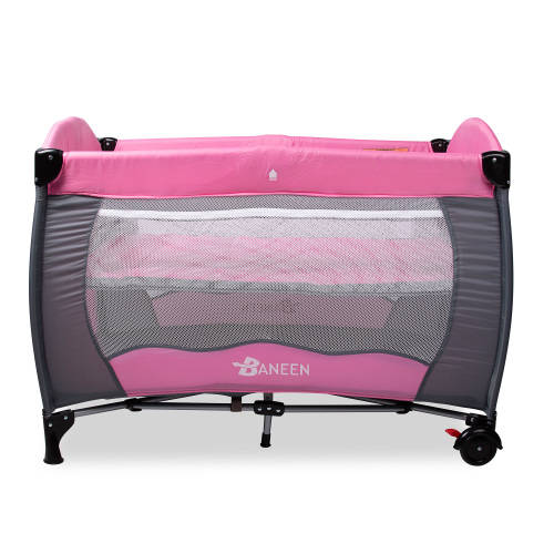 Baneen Baby Cot Crib wit Diaper Changer,Net,Toys,Canopy,Wheels & Game Entrance-Light Pink(Second han