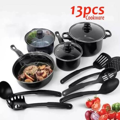 Alpine Gray 13 Piece Iron Non Stick Cookware Pot set - Black