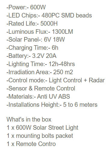 600W SOLAR STREET LIGHT / REMOTE CONTROL / MOTION SENSOR / IP66 WEATHERPROOF / 3 MODE LIGHT SETTING