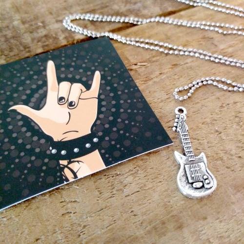 CLEARANCE SALE | Electric Guitar Metal Pendant Chain Necklace + Rock and Roll Sticker Set