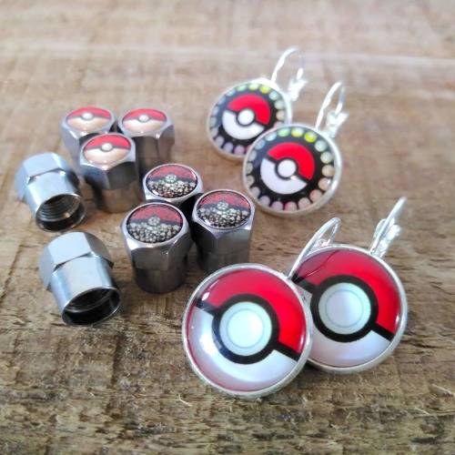 CLEARANCE SALE | Pokeball Icon Valve Cap Covers + Silver Logo Earring Fan Gift Set
