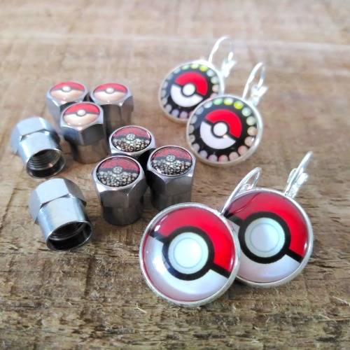CLEARANCE SALE | Pokeball Icon Valve Cap Covers + Silver Logo Earring Fan Gift Set