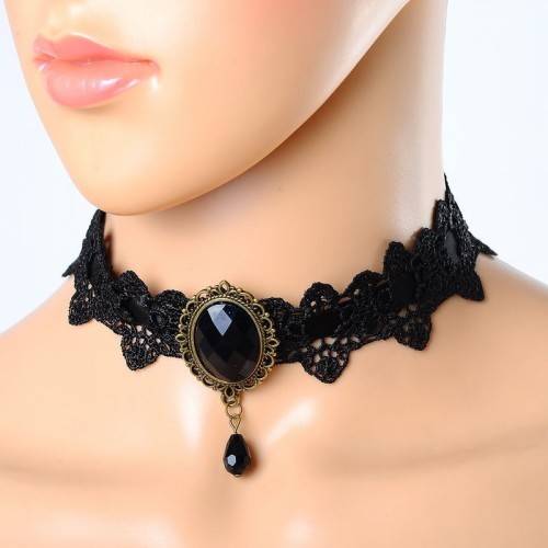 Lace Satin Faux Gemstone Gothic Choker -Black
