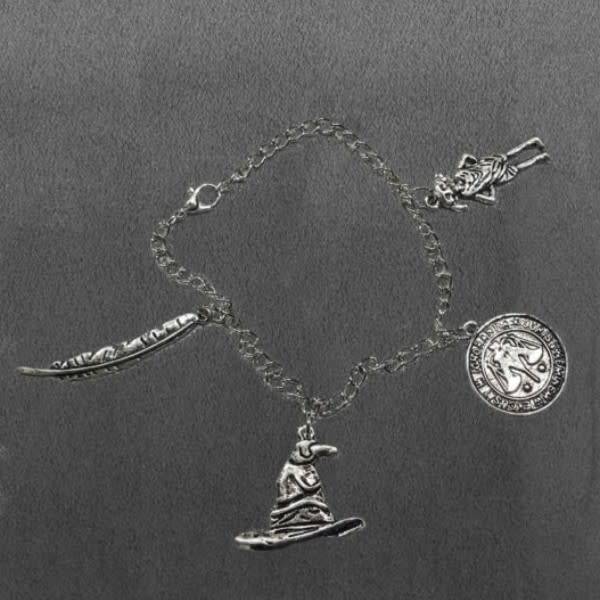 Harry Potter Plated Alloy Charm Bracelet -- sorting hat dobby feather coin