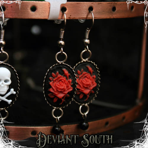 Rose Cameo 13x18mm Black & Red Hanging Earrings