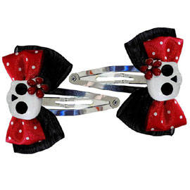Hair Clips - Polka Red / Black Bows with White Girly Skull Detail
