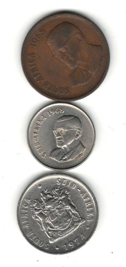 **R1 START - 1968 English 2 Cents , 1968 Afrikaans 5 Cents & 1974 10 Cents