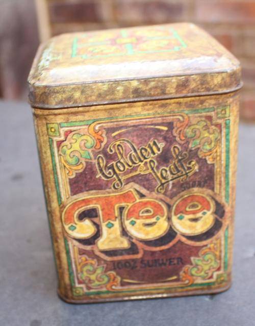TIN TEA BOX - 100 X 100 MM - 120 MM HIGH - GOLDEN LEAF TEA - PLEASE HAVE A LOOK
