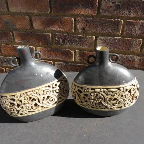 TWO ORNAMENTAL CERAMIC VASES - 190 X 80 X 230 MM - 220 X 90 X 250 MM - FOR DRY FLOWERS ONLY