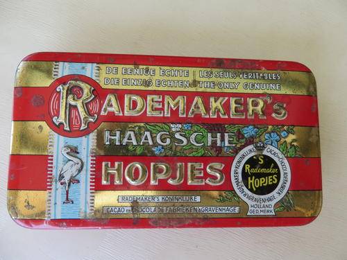 HIGHLY COLLECTABLE TIN BOX - 140 X 75 MM - 20 MM HIGH - RADEMAKER'S HOPJES -  AS PER  SCAN