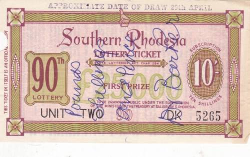 Southern Rhodesia 90th Lottery Ticket
