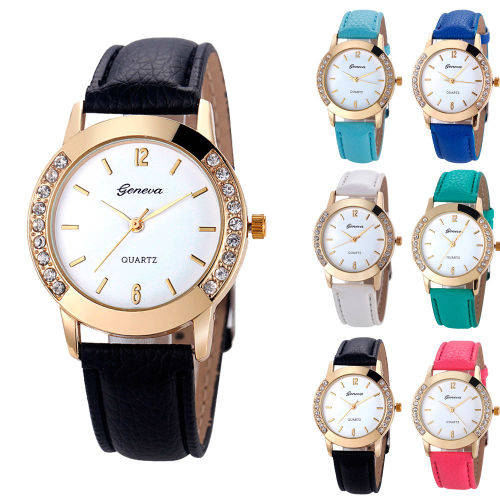 Geneva Luxury Women Watch Golden Diamond Leather Analog Quartz Wrist Watch Gift **White**