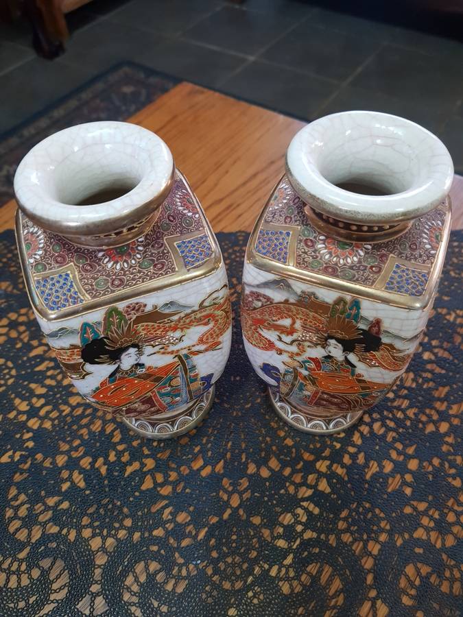 Antique Pair of Meiji Japanese Satsuma Geisha Vases ~ Circa 1603 -1868