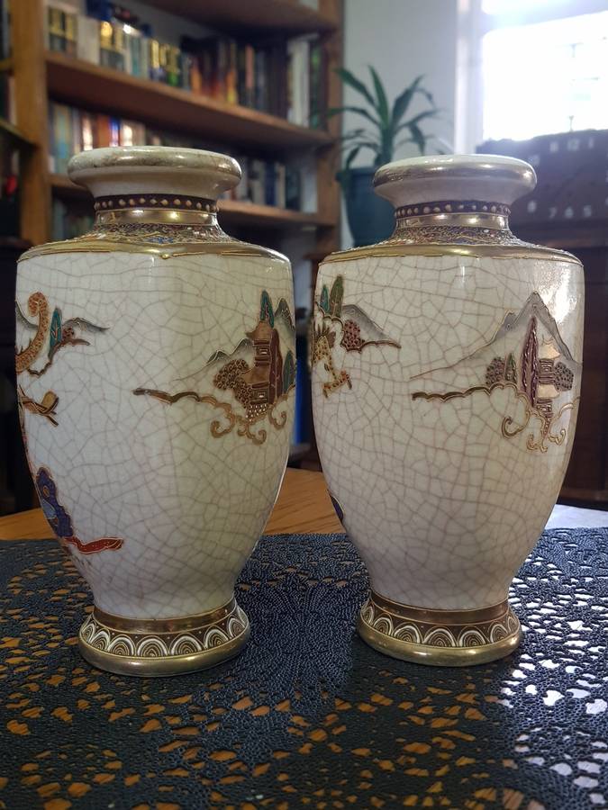 Antique Pair of Meiji Japanese Satsuma Geisha Vases ~ Circa 1603 -1868