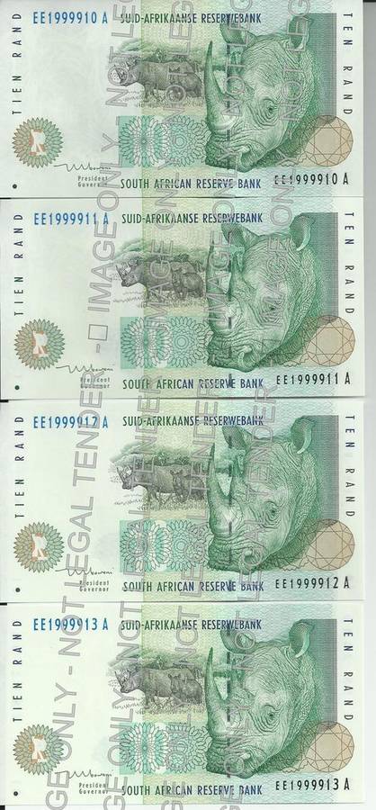 TT Mboweni First Issue Ten Rand Prefix EE in uncirculated condition in series.