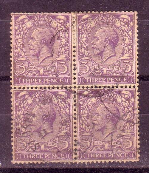 G Britain, 3d King George block of 4 stamps, used