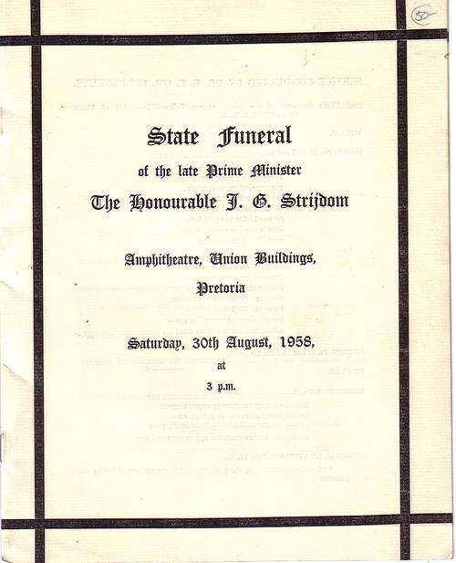 State Funeral of Prime Minister JG Strijdom, 1958 program. 20 x 25cm. Original