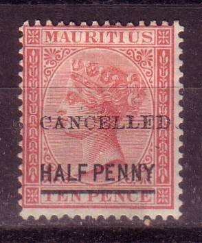 Mauritius, 10c Queen Victoria stamp with Cancelled 1/2d overprint, MH